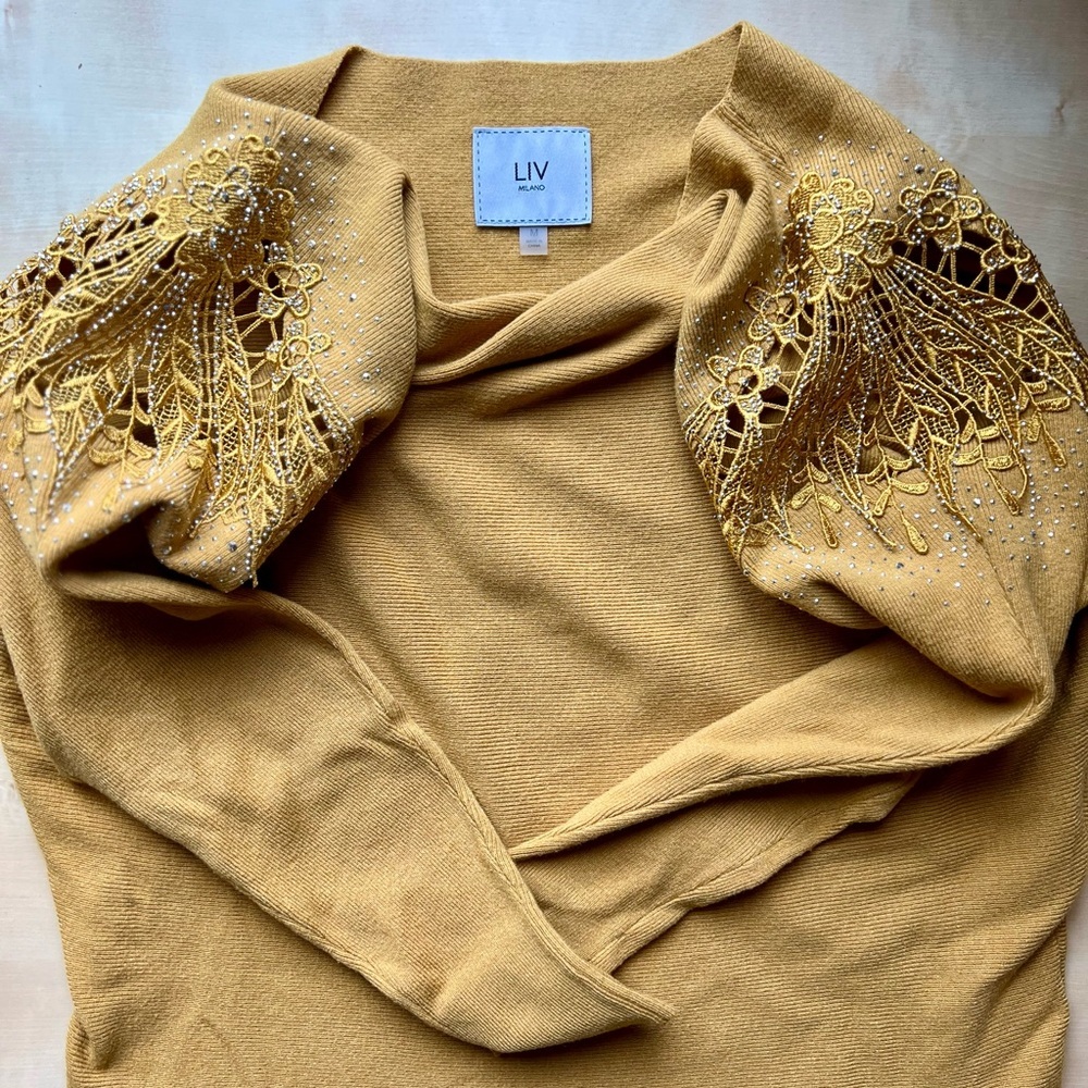 Mustard Yellow Sweater with Lace and Sparkle Detail